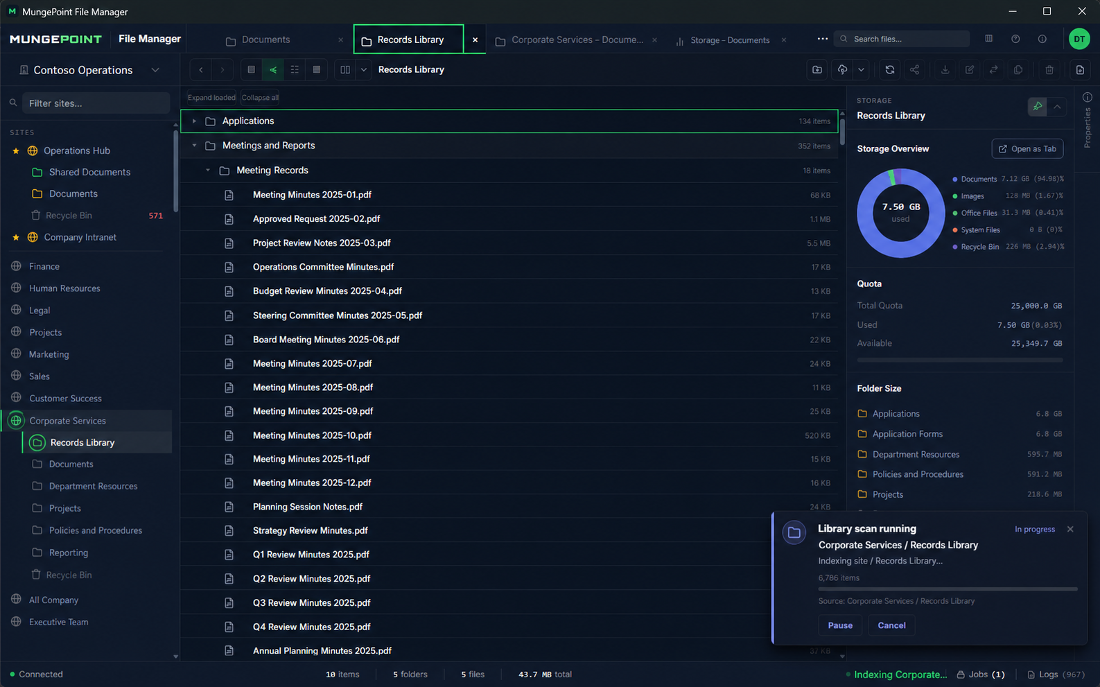 MungePoint File Manager showing a library scan with progress and item counts.